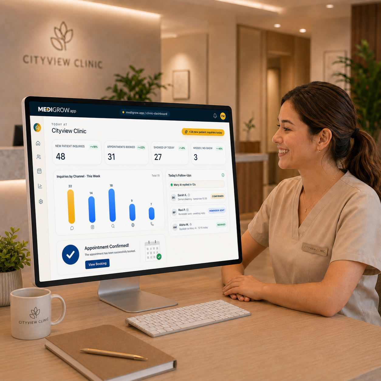Clinic front desk team reviewing the MediGrow dashboard