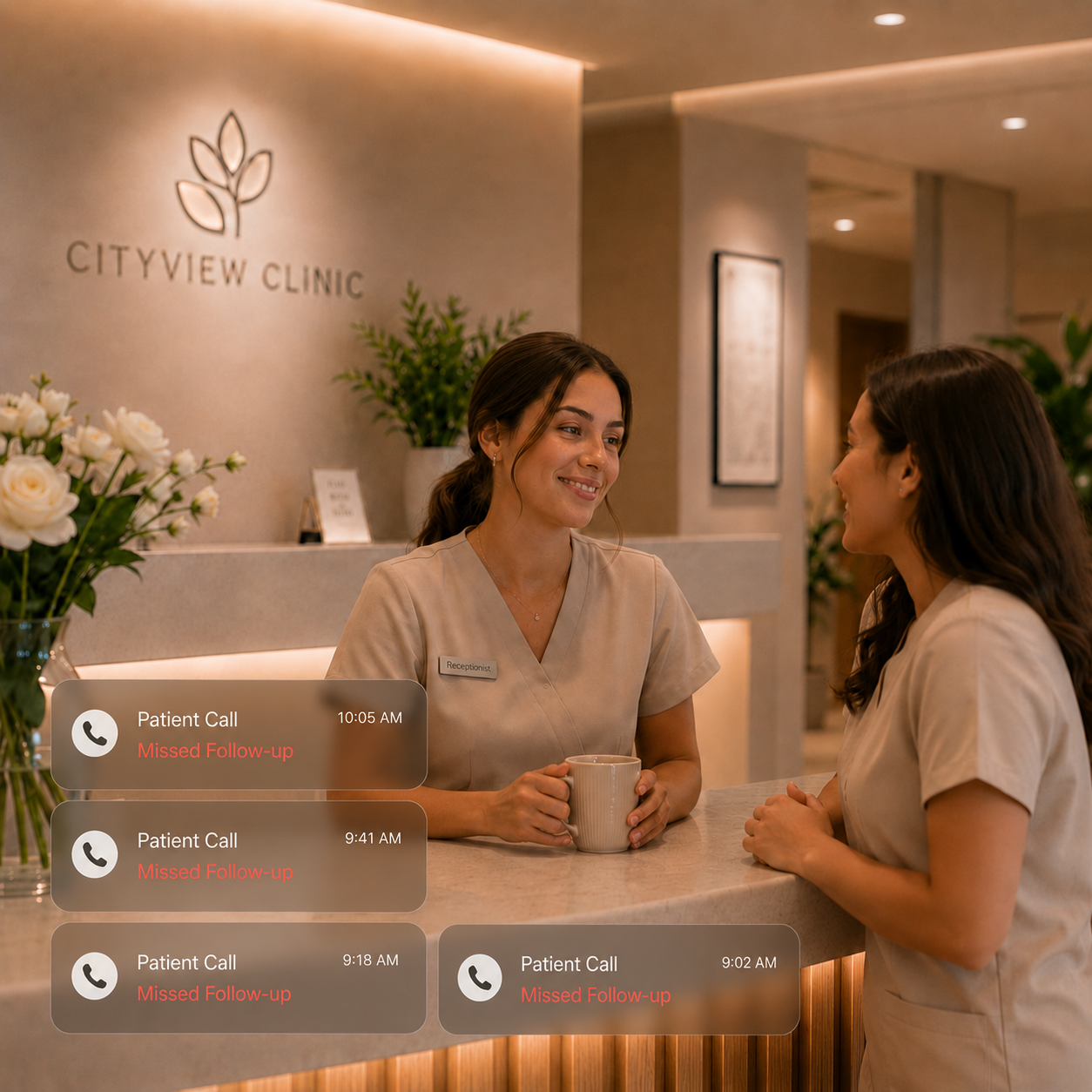 Clinic receptionist setting down a phone handset next to a CRM dashboard